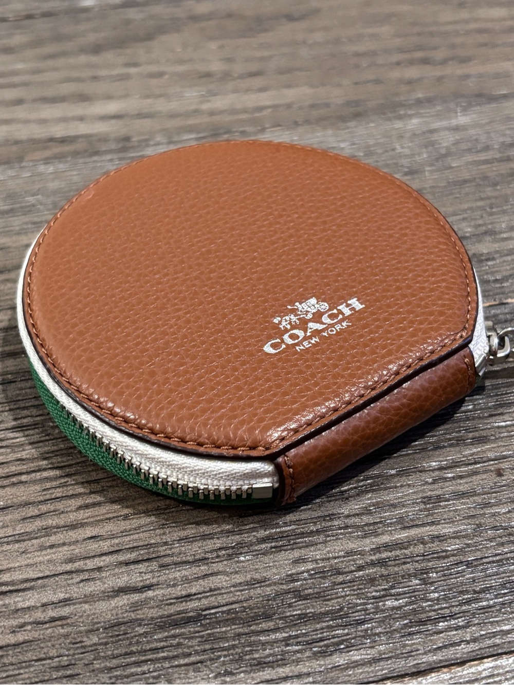 Coach- NWOT! RARE Brown Leather Round Zip Coin Wallet with Green Cactus Patch - Picture 5 of 10